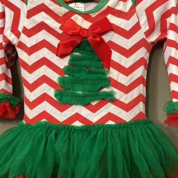 BABY Girl Infant Christmas Tree Elf Tutu Dress Chevron Tulle Red & Green - Picture 4 of 7